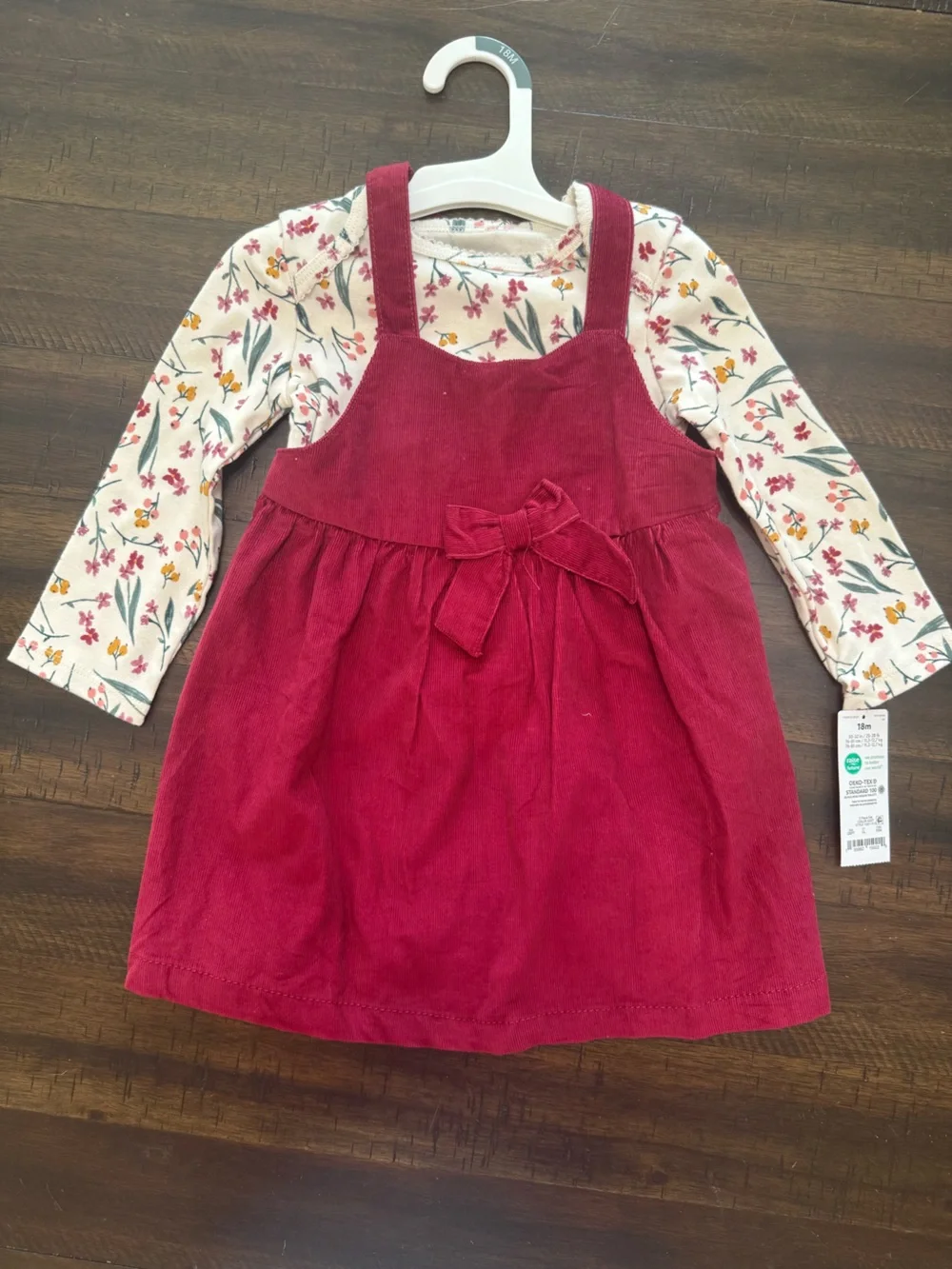 Girls' Red Corduroy Pinafore Dress with Floral Top